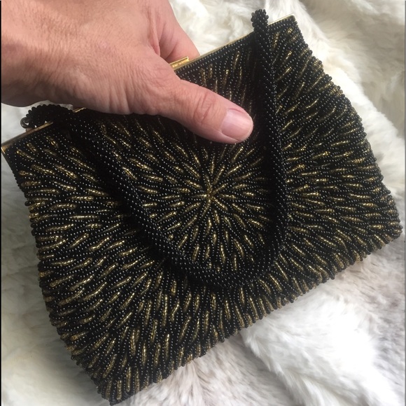 Vintage Beaded Black and Gold Evening Bag Handbag - Picture 3 of 8